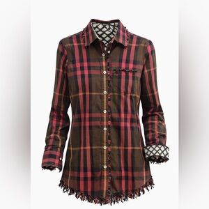 Dizzy Lizzie Tizzie Cape Cod Plaid Fringe Button Down Tunic Shirt Small